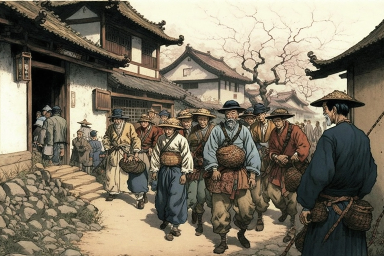 罪人を連行する農民たち