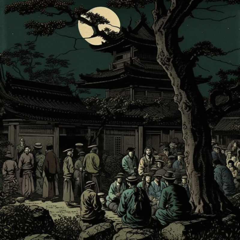 夜中に寺の前に集まる民衆